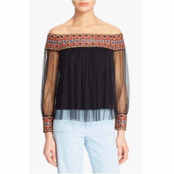 Alice + Olivia Sidney Off the Shoulder Black Multi Tulle Embroidered Top Size 2 - Picture 1 of 8